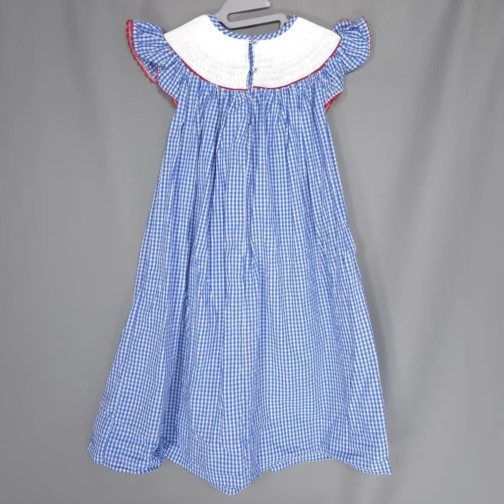 PLEATS & STITCHES Kids Girls Smocked Dress 5 USA Flags‎ Check Blue 100% HANDMADE
